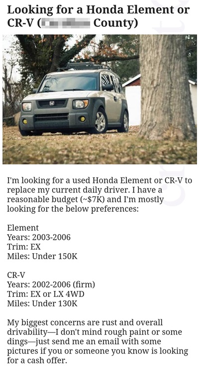 A Craigslist ad I put up while looking for an Element